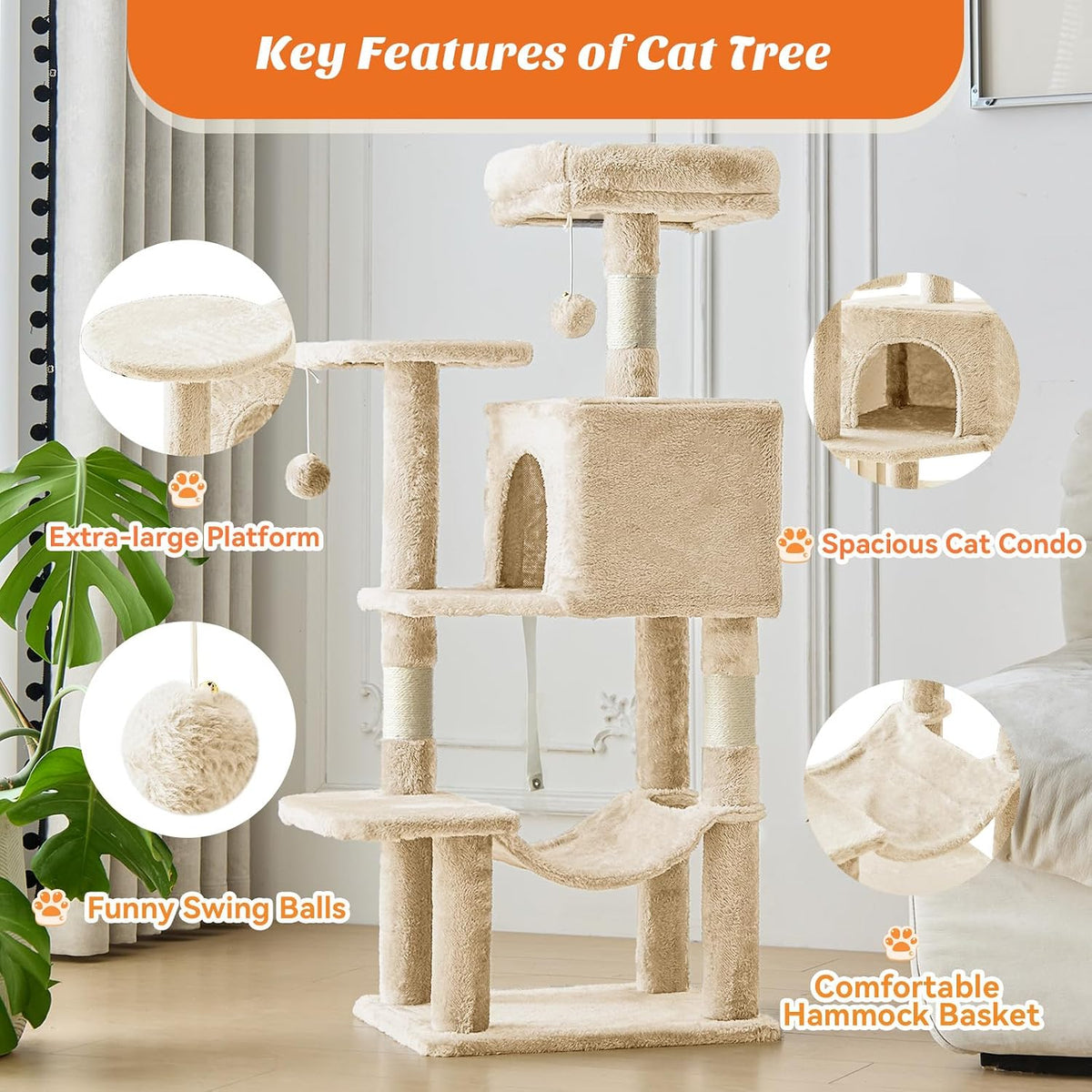DUMOS 44 Inch Cat Tree Tower with Natural Sisal Scratching Posts – Essentials for Cats - Beige / 5 / 43.6"×13.7"×17.7" - image 3