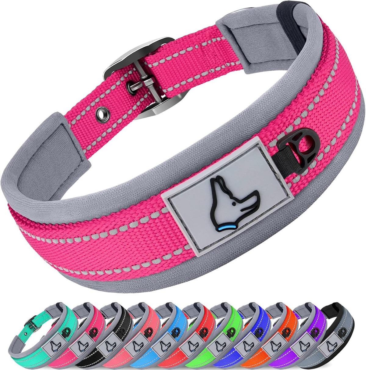 Joytale Reflective Dog Collar for Large Dogs with Wide Padding - Hotpink / M
