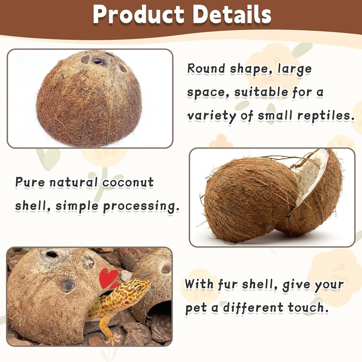 PINVNBY 2 PCS Natural Coconut Reptile Hideouts Lizard Coco Hut Hermit - Natural Surface / 2 PCS - image 4