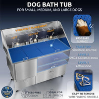KANIS Professional Dog Washing Station - 304 Stainless Steel Pet Wash Sink & Grooming Bath Tub for Home with Ramp, Shower, Floor Grate, Storage Drawers, and Faucet for Large, Medium & Small Pets