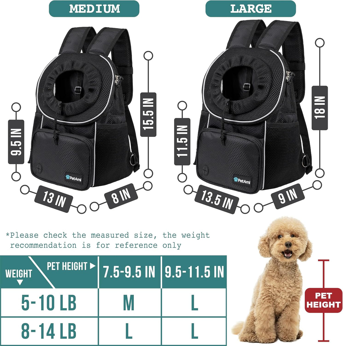 PetAmi Dog Front Carrier Backpack - Medium (15x8x15.5) / Black - image 3