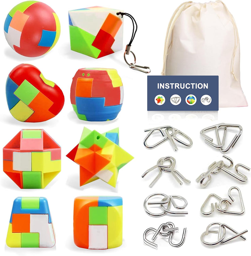 Yowlieu 16 pack brain teaser puzzles with metal wire puzzles, plastic puzzles and storage bag
