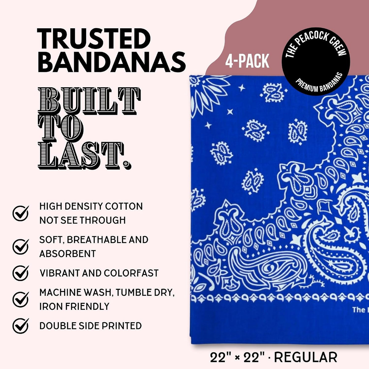 Premium Soft Cotton Bandanas Pack for Men and Women Paisley 22 x 22 - Pack of 4 Royal Blue - image 2