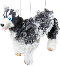 Artisan Owl black Siberian husky marionette puppet with yarn body and wooden feet