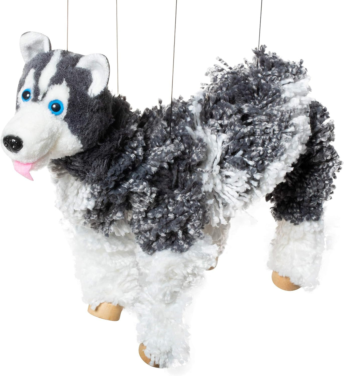 Artisan Owl black Siberian husky marionette puppet with yarn body and wooden feet