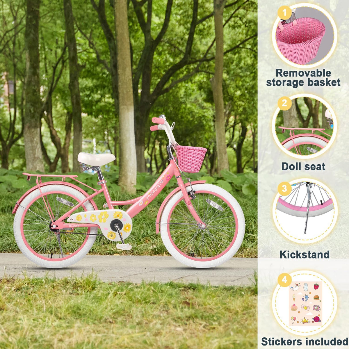 Glerc Maggie Girls Bike, 12-20 Inch Kids Bike for 2-13 Years Old Children, Princess Style Kids - Pink & White / 20 Inch - image 2