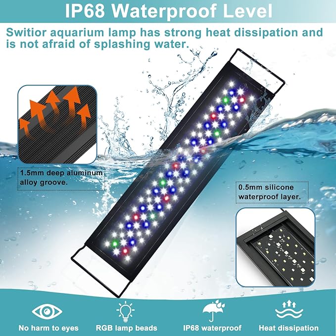 24/7 LED Aquarium Light, IP68 Waterproof Extendable Bracket Fish Tank Light with Timer, 7 Colors, 10 Level Adjustable Brightness, DIY Mode Full Spectrum Aquarium Plant Light for 12-18 Inch Fish Tank