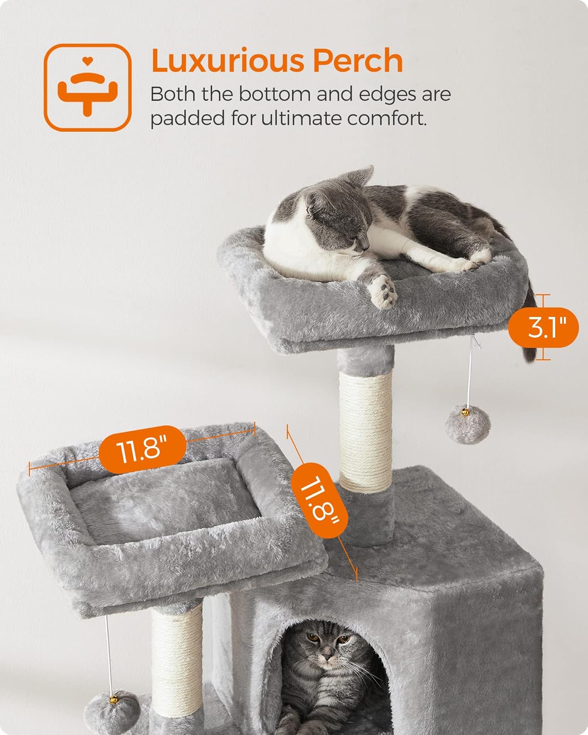 Feandrea Cat Tree, Plush Climbing Condo, Green - Light Gray - image 3