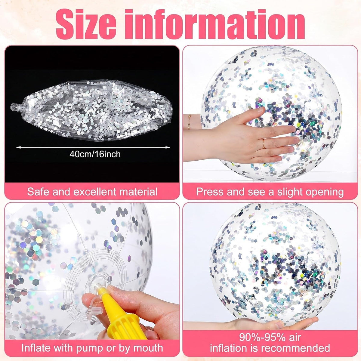 Civaner 10 Pcs Inflatable Glitter Beach Balls 16 Inch - Silver / Glitter - image 4