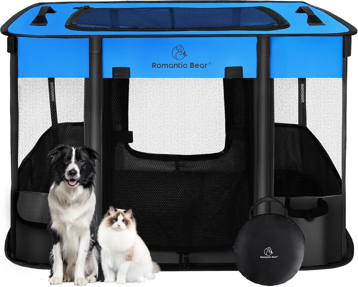 ROMANTIC BEAR Dog Playpen, Foldable Pet Puppy Cat Playpen, L - Blue / Large(40"x32"x24")