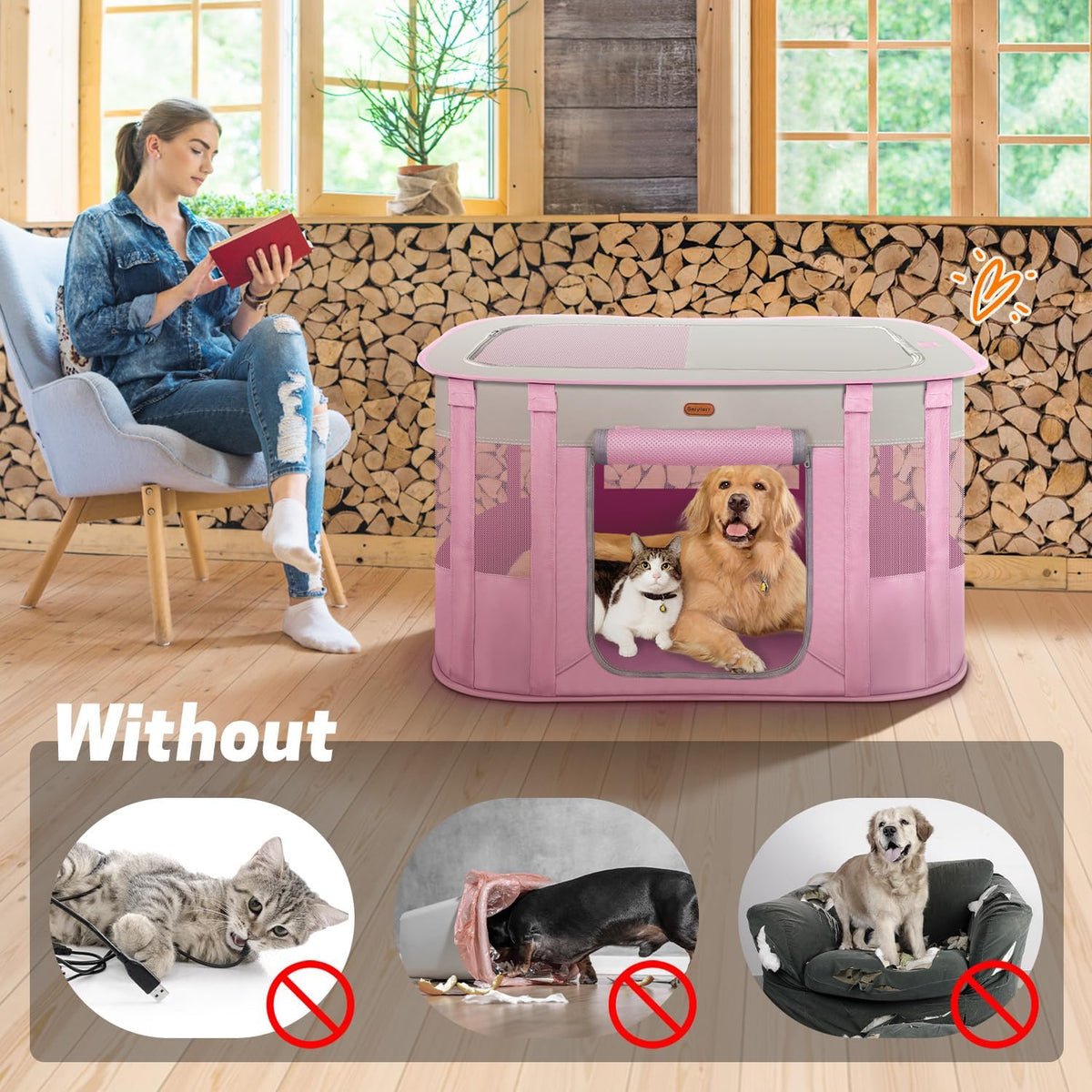 Foldable Pet Playpen, Cat & Puppy Playpen - Pink / 1 / Small(29.5''×22.8''×16.5'') - image 3
