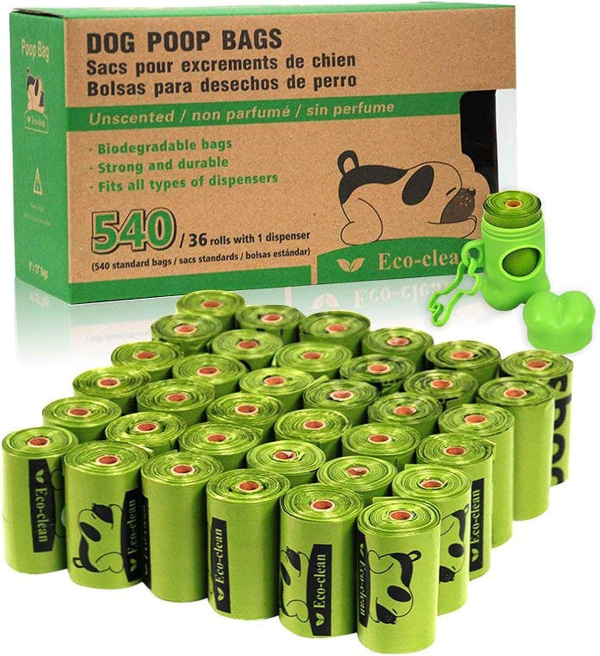 ECO-CLEAN Poop Bags Biodegradable - 36 Rolls/540 Bags+Dispenser