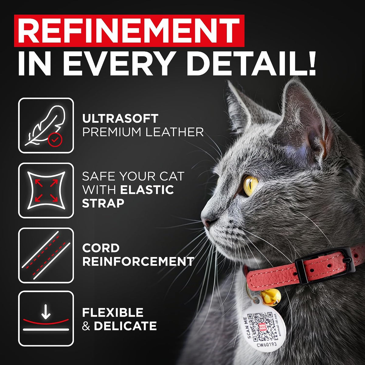 WAUDOG Leather Cat Collar with Bell Elastic Strap Stretchy Kitten - Red / 8"- 12" Without Holder - image 2