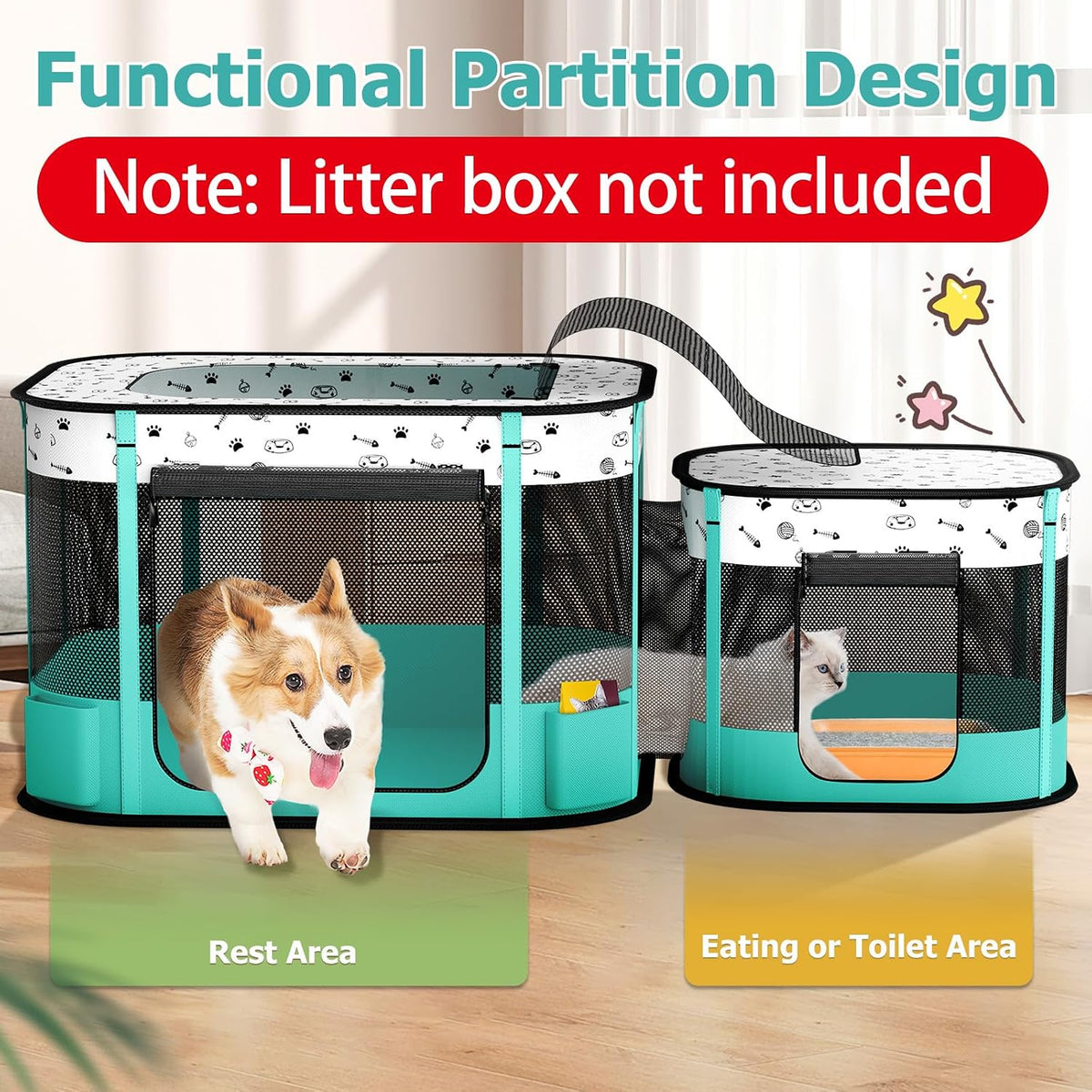 Cat Playpen, Portable Pet Dog Playpen - Green / 32" × 24" × 22" - image 2
