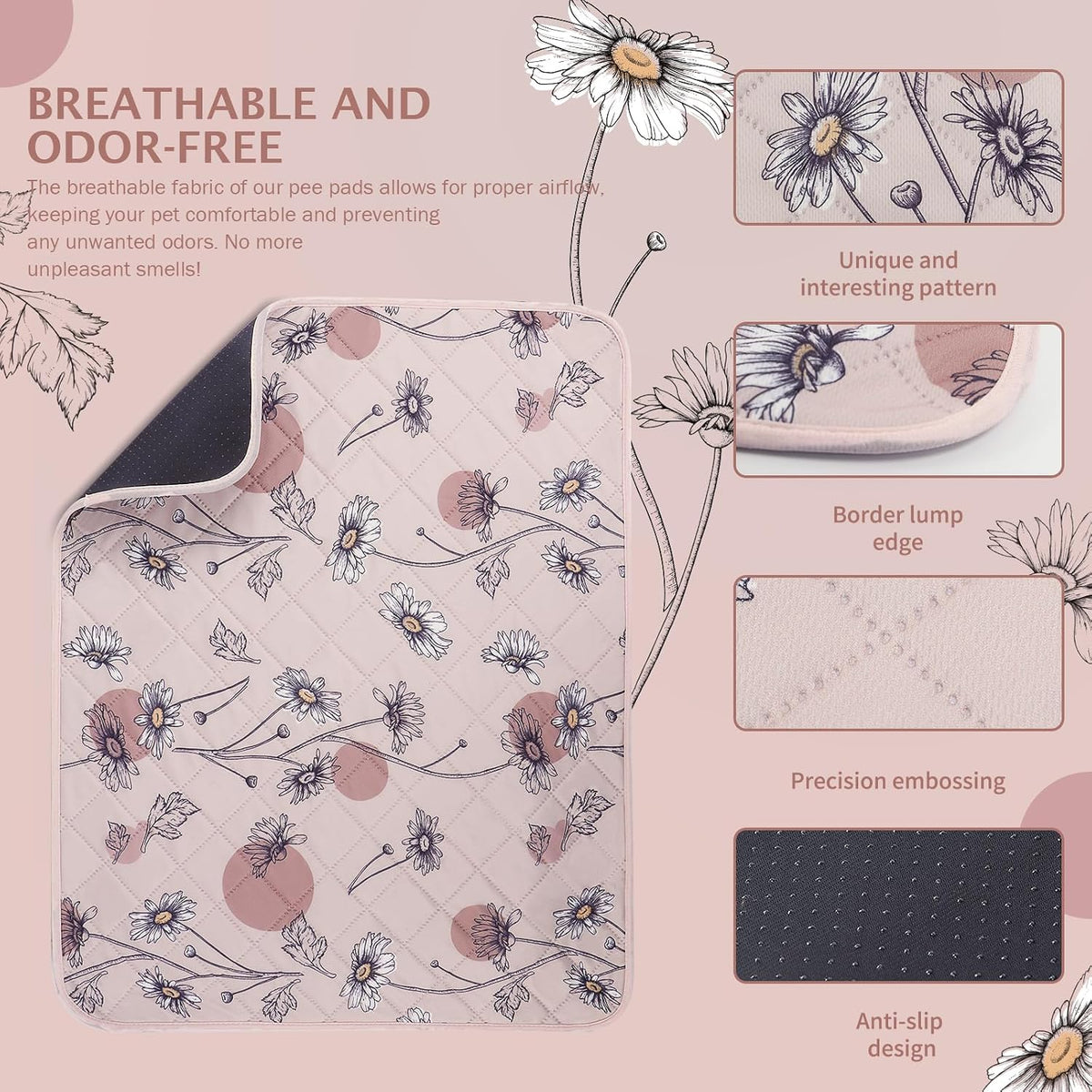 IEUUMLER Washable Pee Pads for Dogs - Pink Daisy / 34"X36"-2pcs - image 2