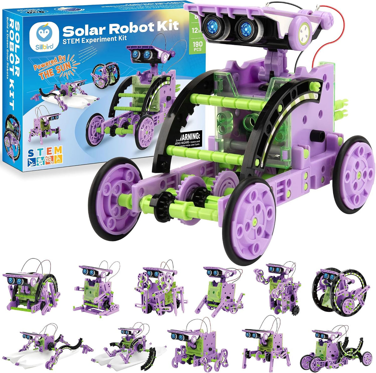 Sillbird 12-in-1 Solar Robot Building Kit STEM Gift for Boys Ages 8-13 – Fun for Kids & Family - Purple-green