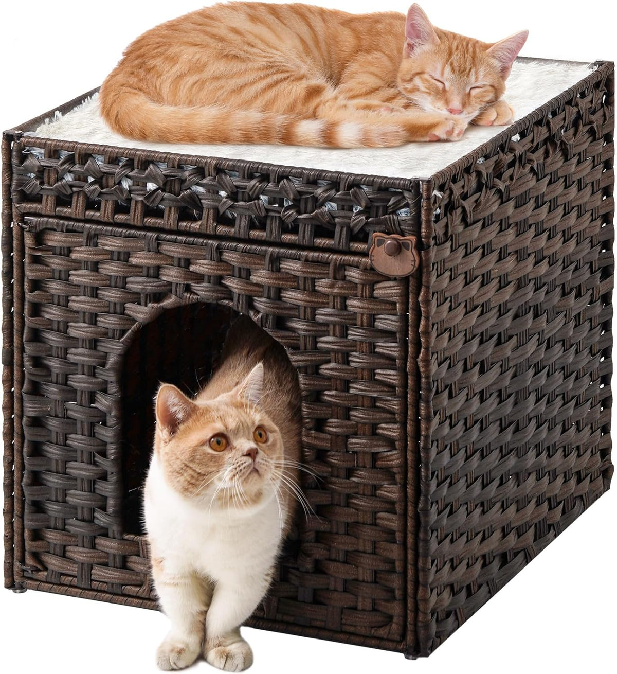 Cat Beds Indoor Kitten House, PE Rattan Cat Cave - Brown / Rectangle-XL