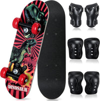 Honoson kids skateboard set with dinosaur print maple deck and black knee pads, elbow pads and wrist - view 10