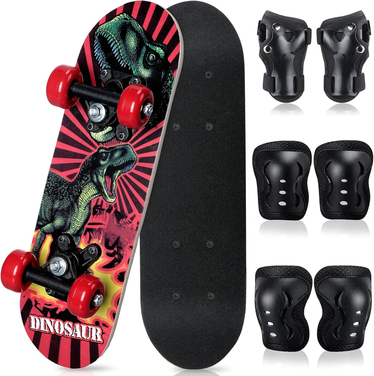 Honoson kids skateboard set with dinosaur print maple deck and black knee pads, elbow pads and wrist - view 10