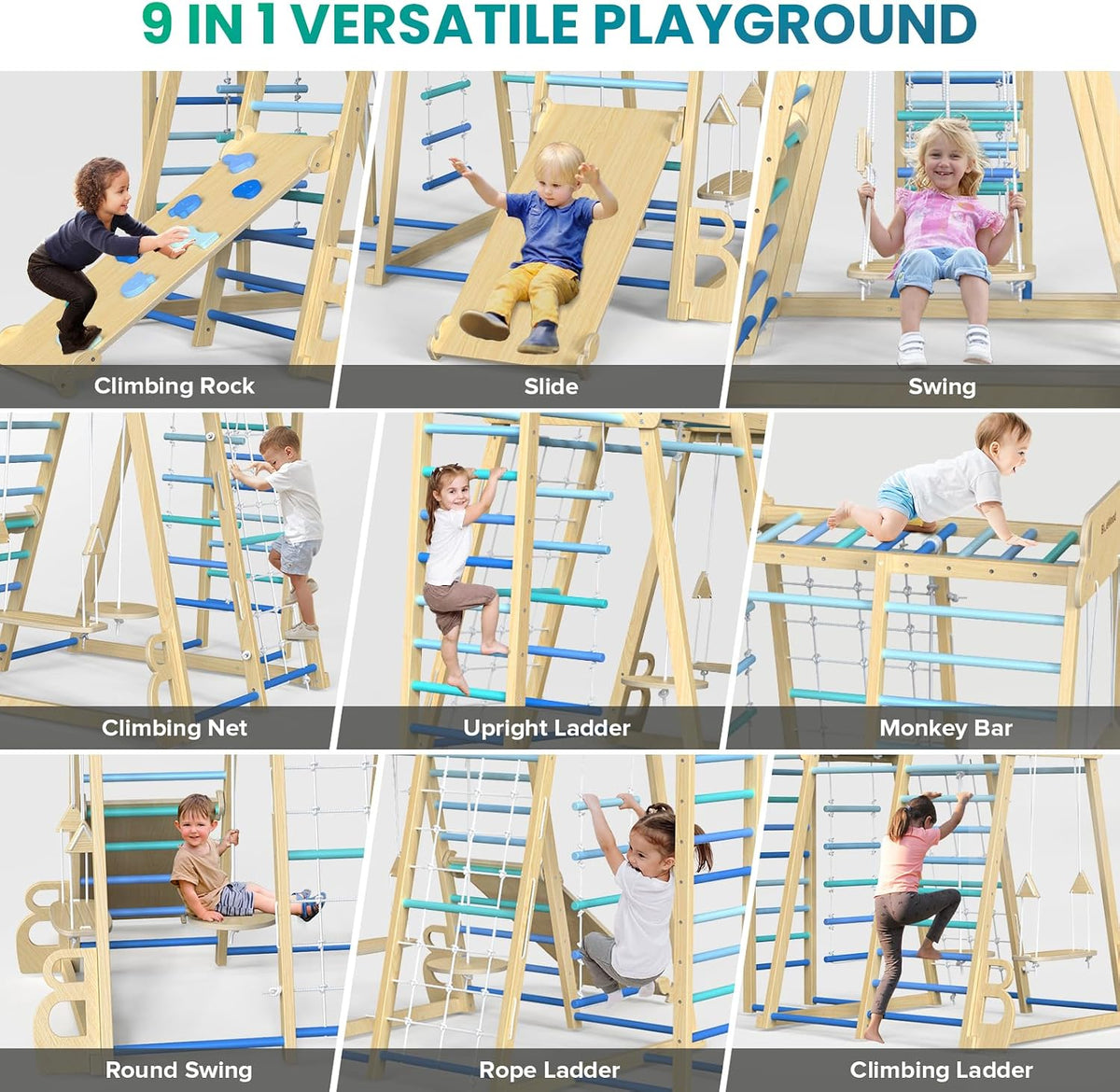 BlueWood Upgraded Indoor Jungle Gym 9-in-1 Playground Kids Climbing - Blue / 9-in-1 - image 3
