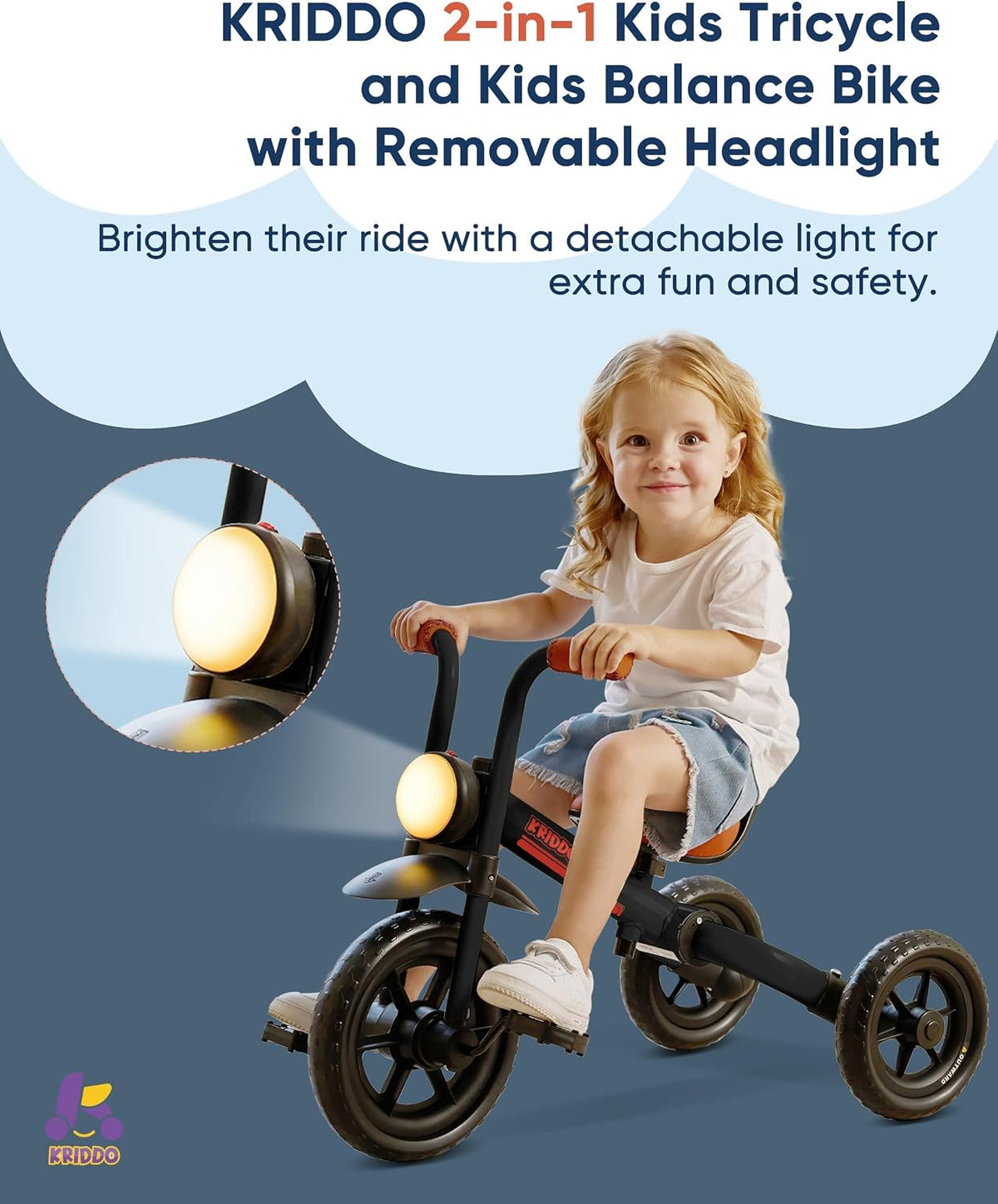 KRIDDO 2-in-1 Foldable Balance Bike and Toddler Tricycle for 2 to 5 - Black - image 3