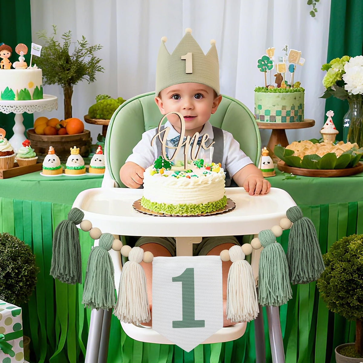 DCJHFJ First Birthday Decorations for Boy Highchair Banner One - Green Banner - image 3