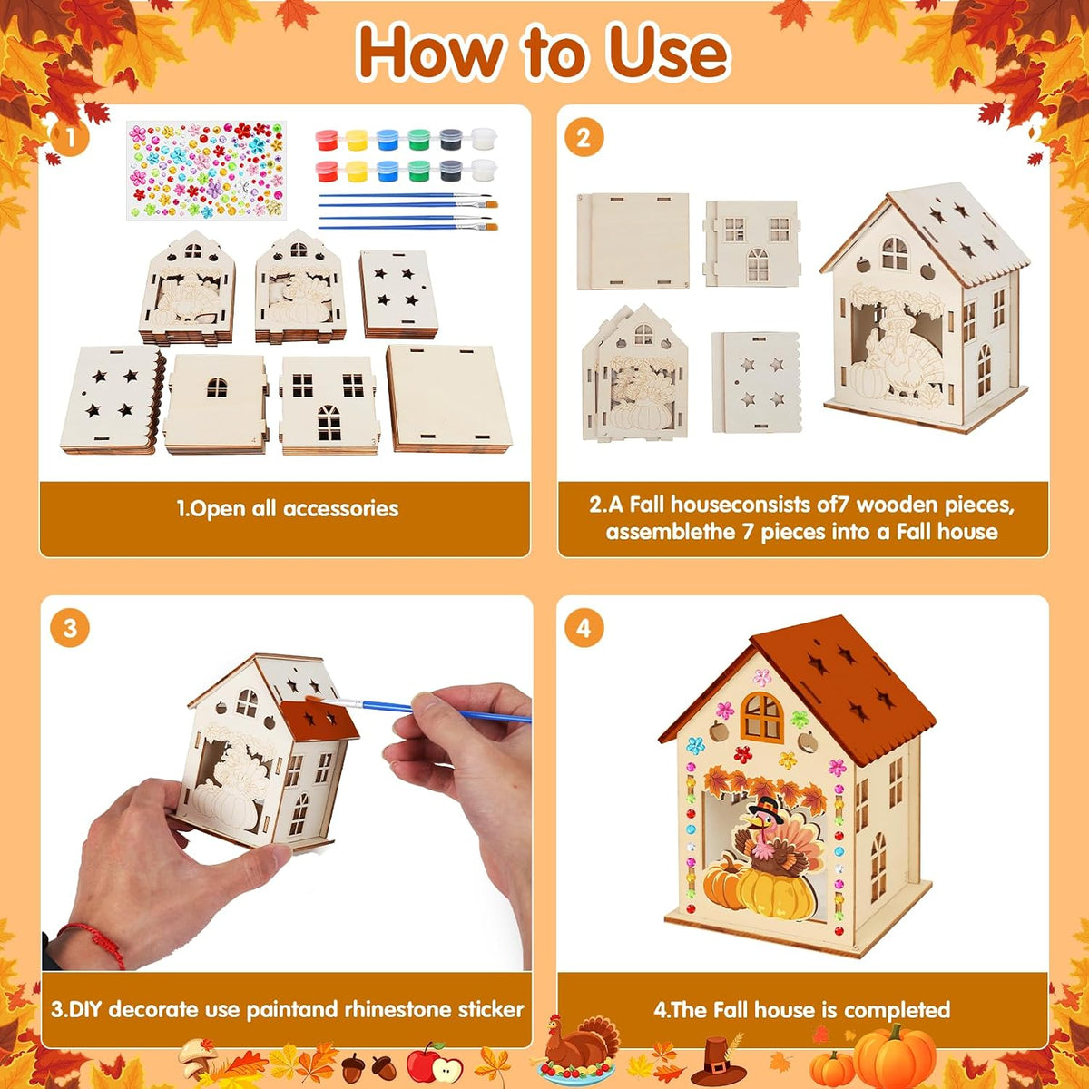 Fennoral 7 pack wooden 3D pumpkin house craft kit for kids Halloween decorating - view 29