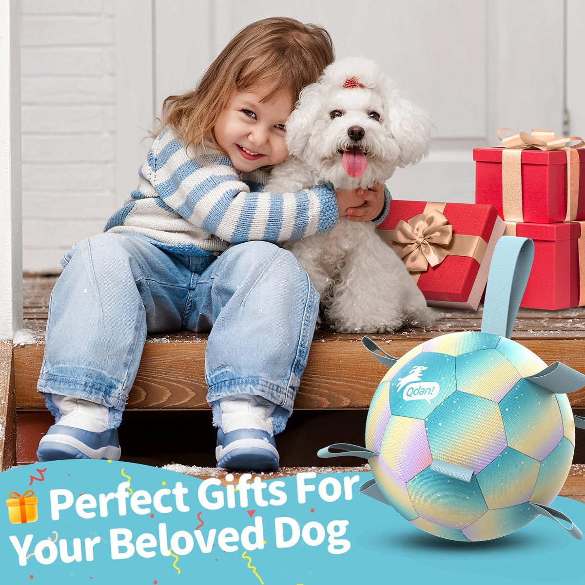 QDAN Dog Soccer Ball Toy with Strap - B-Colorful Blue / Large Size 3 - image 3