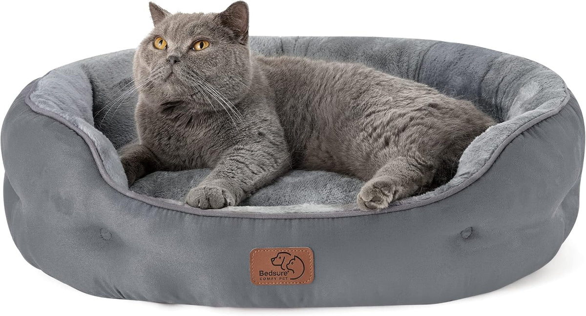 Bedsure Small Dog Bed Washable, Round Cat Beds for Indoor Cats - 25"L x 21"W x 8"Th / Grey