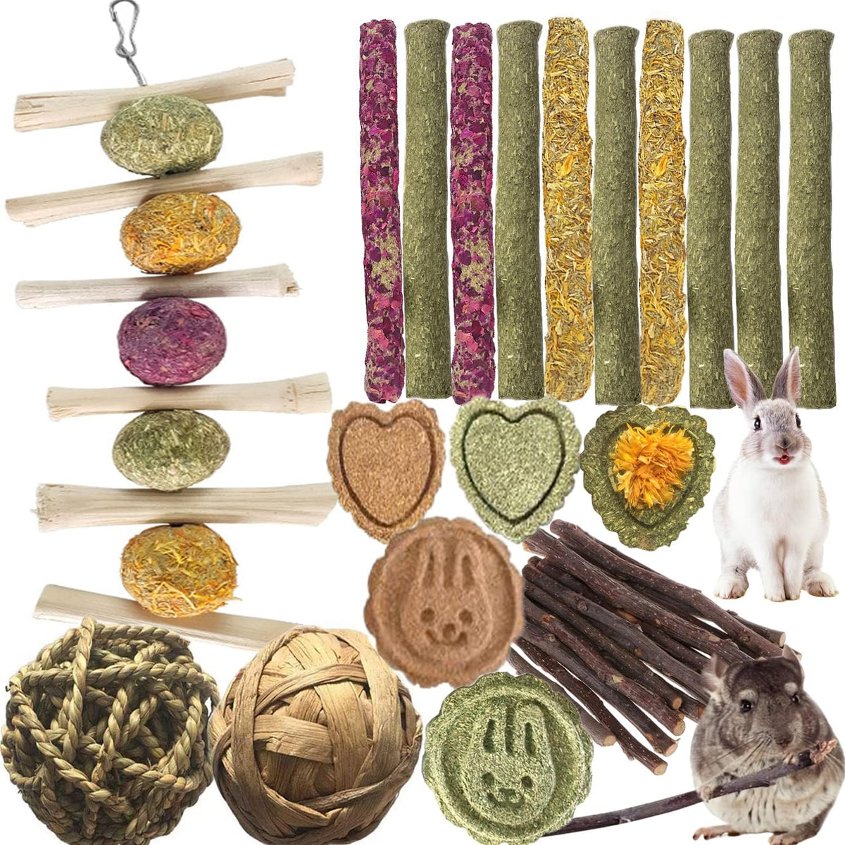 ANDES Rabbit Chew Toys, Pet Bunny Tooth Chew Toys Organic Natural Apple Wood Grass Cake Ideal - 28PCS