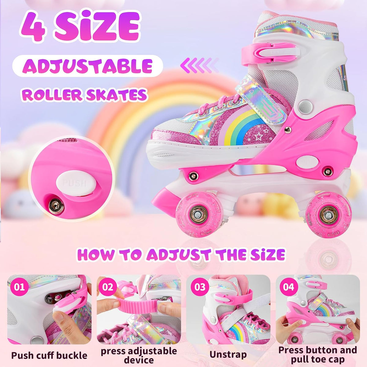 SHDSL pink rainbow light up adjustable roller skates for girls - view 32