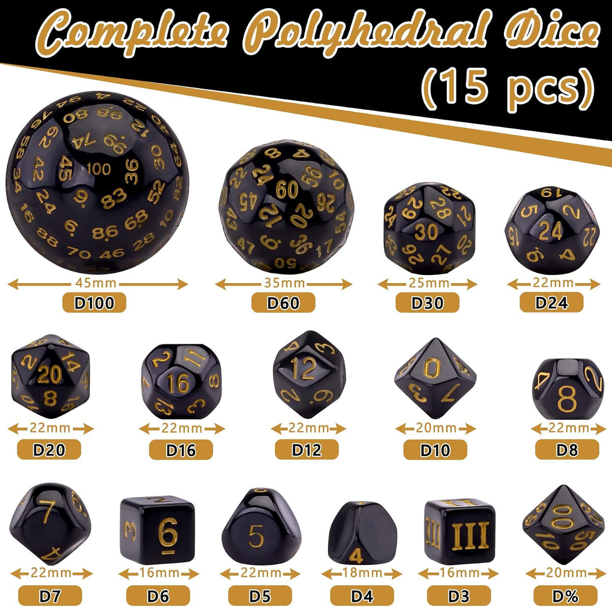 AUSTOR 15 Pieces Complete Polyhedral Dice Set D3-D100 Game Dice Set – Fun for Kids & Family - Black & Yellow - image 2