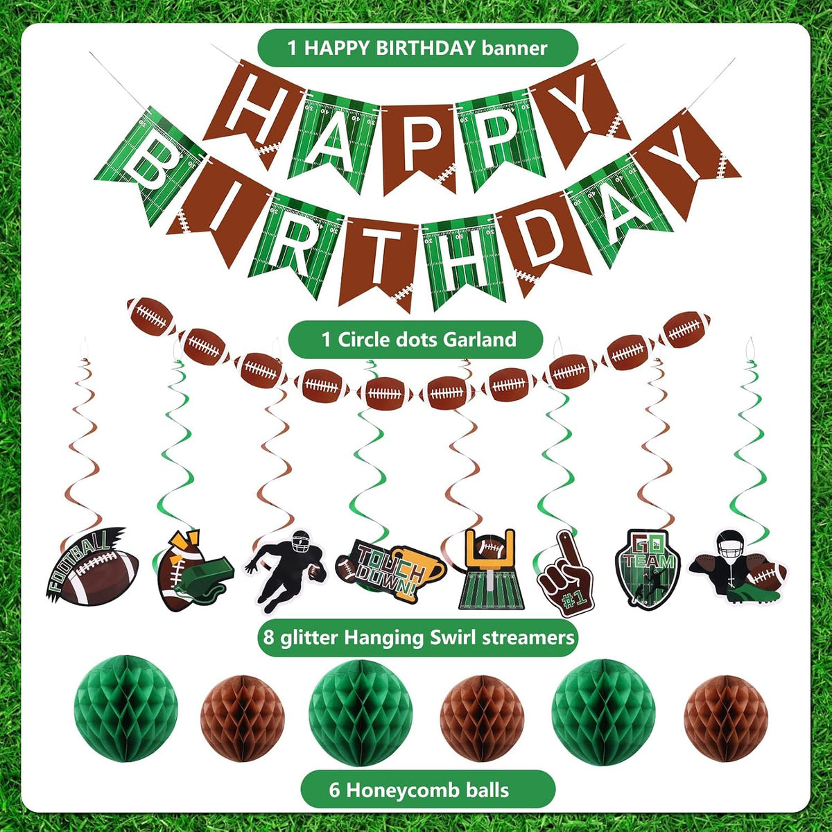 YEOCU Birthday Decorations - GreenBrown / Football - image 2