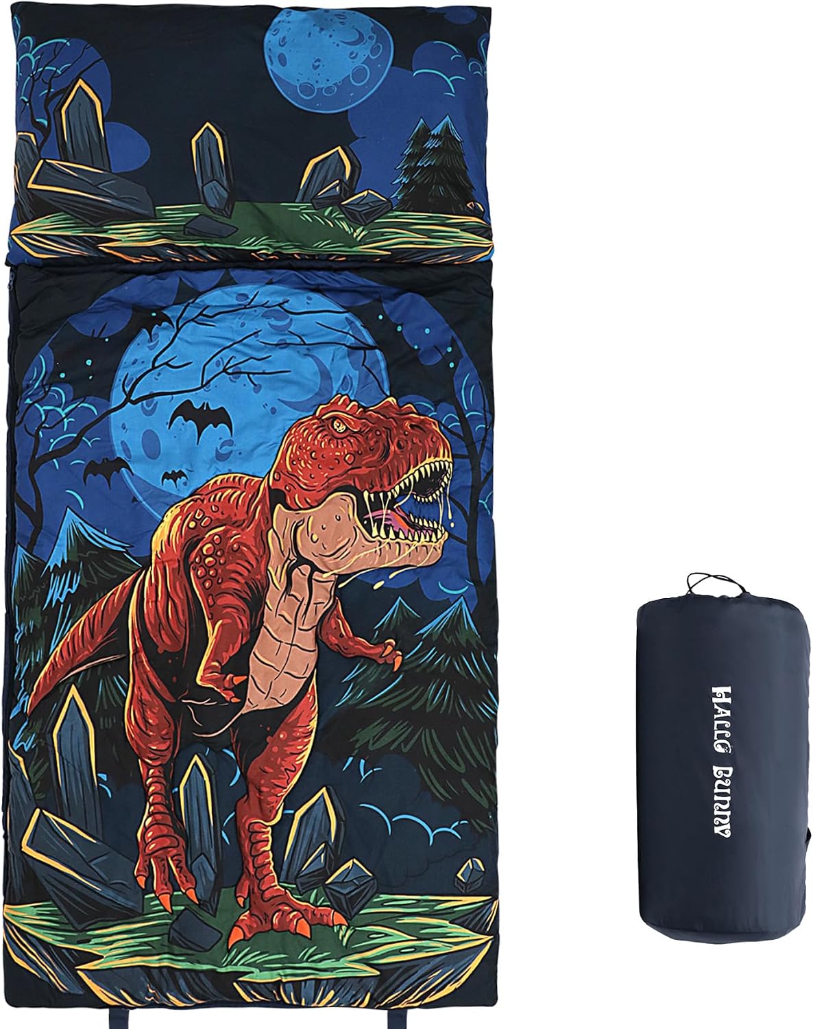 hallo bunny kids sleeping bag with attached pillow, extra-long slumber bag shown in space astronaut print