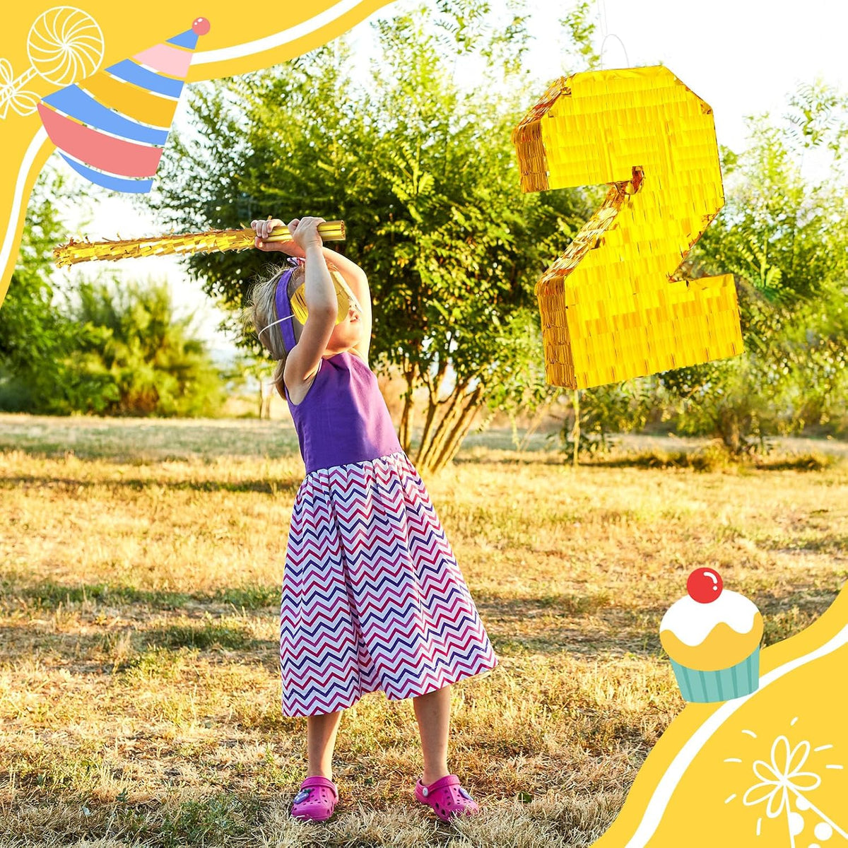 Sratte gold foil number piñata set with gold blindfold, piñata stick and bag of confetti - view 29