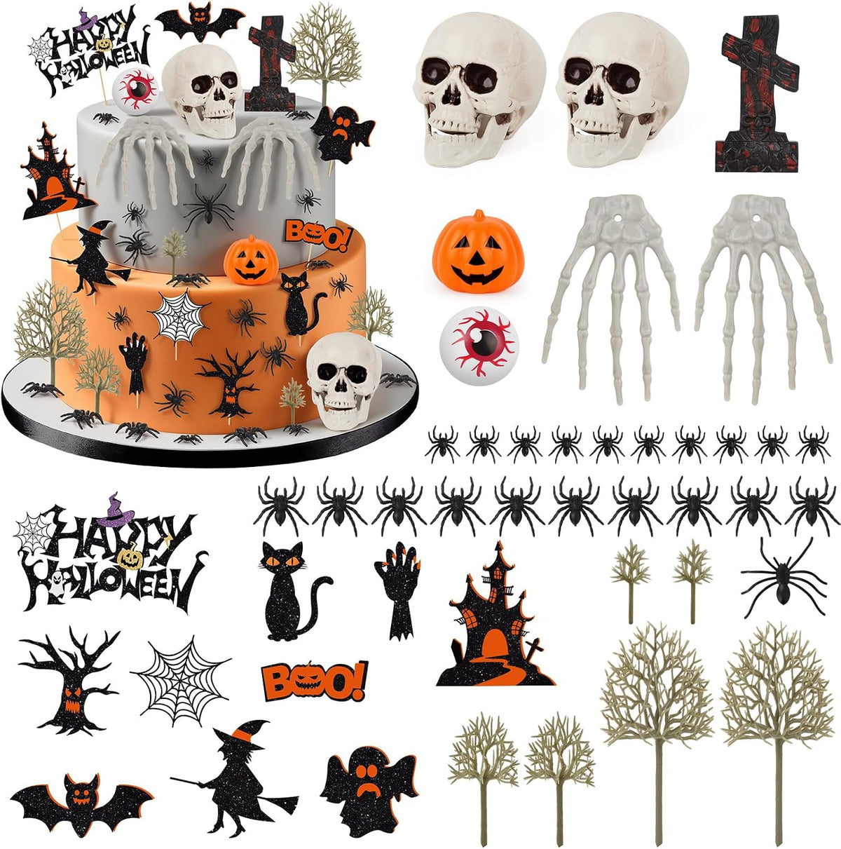44PCS Halloween Cake Toppers with Spider Bat Castle Pumpkin Skull - Halloween