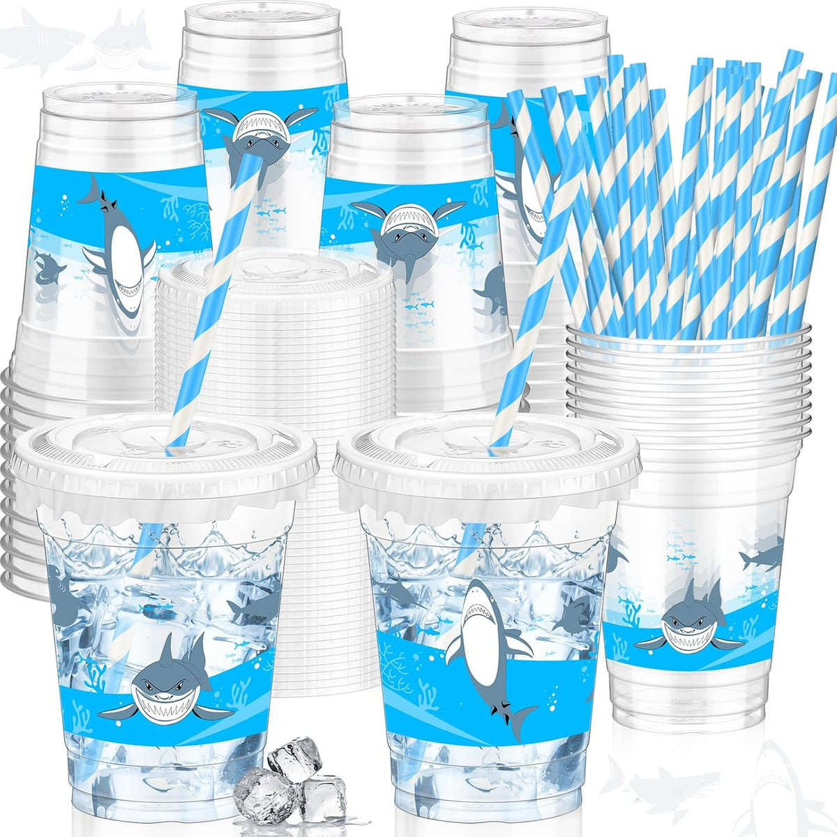 Teenyyou 12 oz clear plastic party cups with dirt bike design, lids and paper straws - view 7