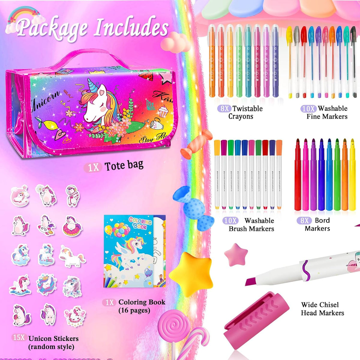 weirtoya 56 PCS Washable Scented Markers Set with Glitter Pencil Case - Rainbow Unicorn - image 2