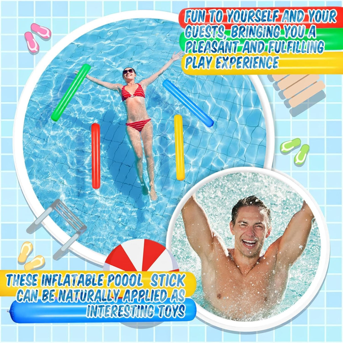 Deekin four inflatable PVC pool noodles in red, yellow, blue and green - view 6