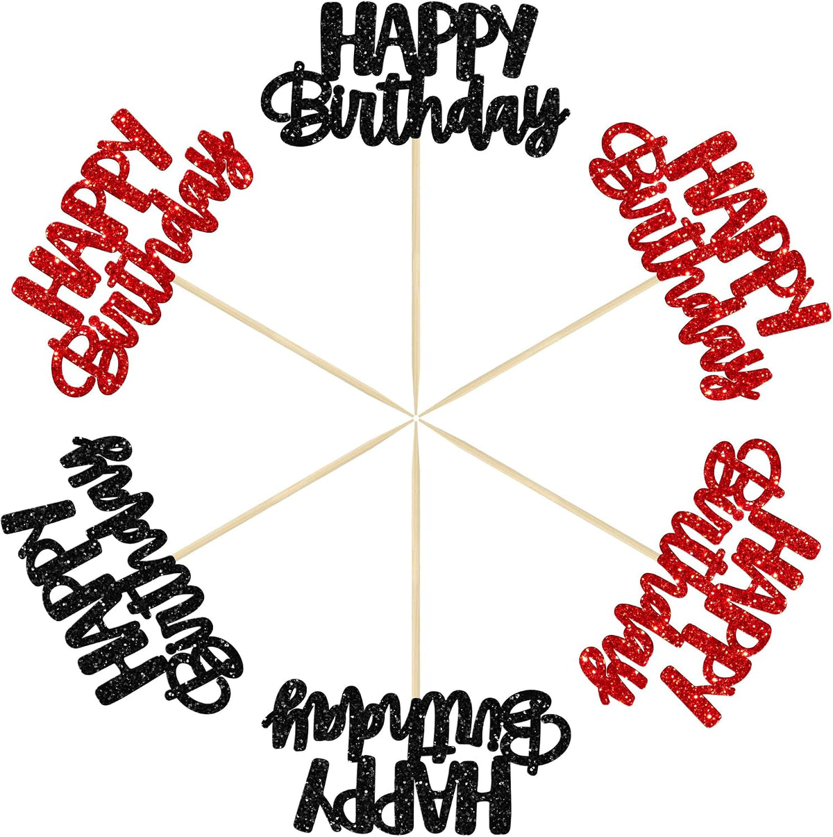 Gyufise 24Pcs Happy Birthday Cupcake Toppers Gold Glitter Celebrating - Black Red - image 3