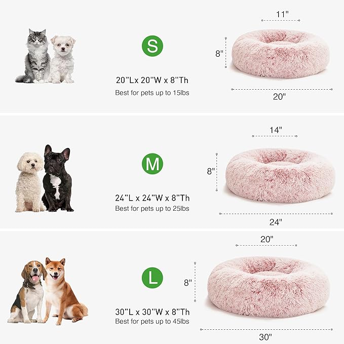 Love's cabin Calming Cat Bed for Indoor Cats,Anti-Anxiety Donut Round Dog Bed,Fluffy Faux Fur Washable Pet Bed for Small Medium Dogs and Cats,Pink,24in