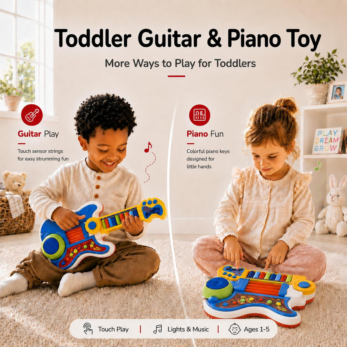 Toddler Guitar Toy, Kids Guitar and Piano with Lullaby Projector - Blue - image 2