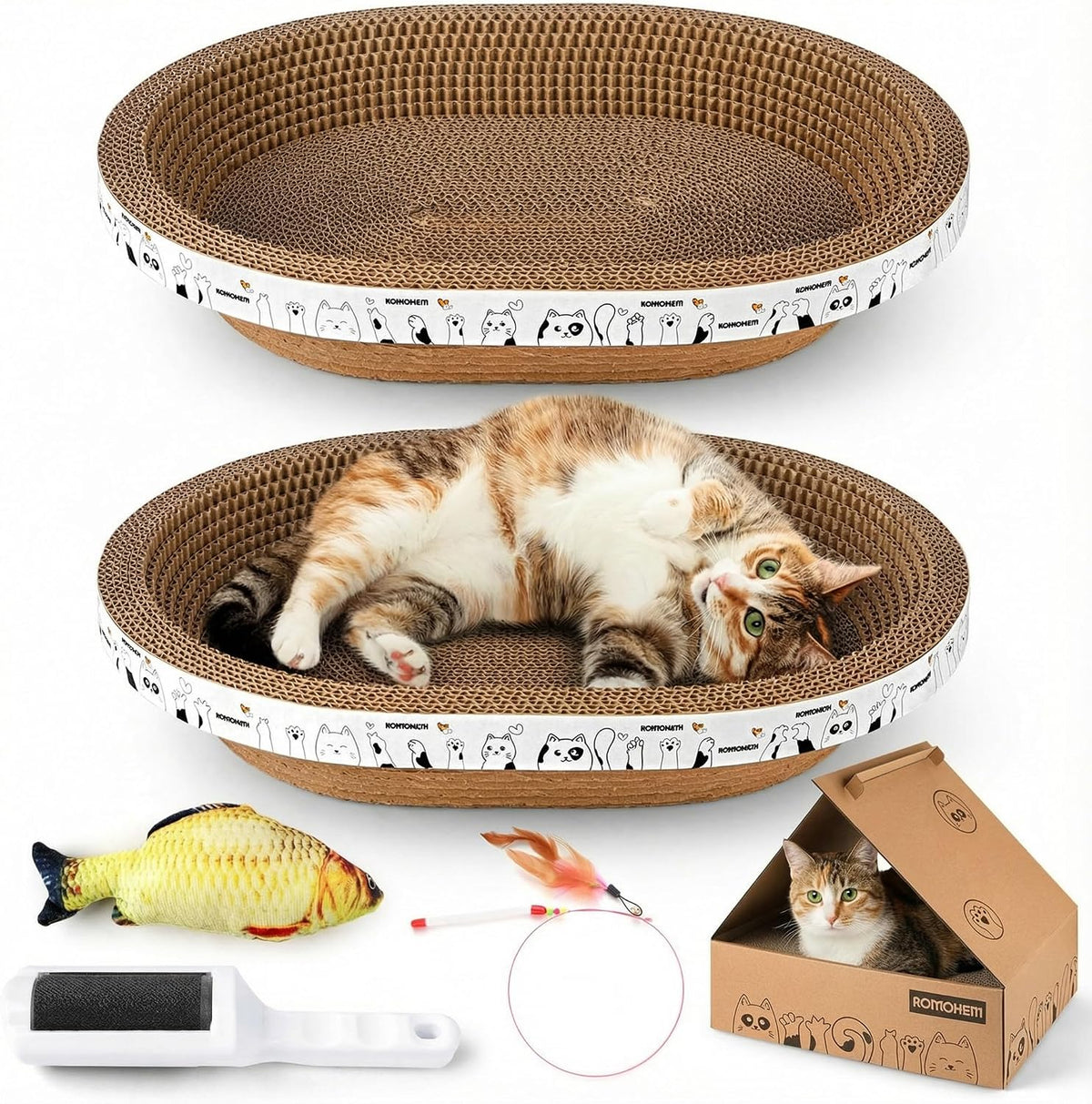 3 Pack Oval Cardboard Cat Scratcher & Lounger Bed - 4-Pack