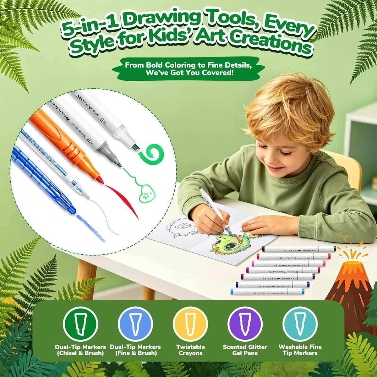 DreamyCandy 70 Pcs Washable Markers Set for Kids 4-8 - Green Dinosaur - image 4