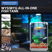 Wonderfactory 3 Gallon Aquarium Fish Tank, Self-Cleaning Betta Tank with Filter and Light, Starter kit with Rocks, Plants & Cleaning Tools, Suitable for Beginners and Hobbyists