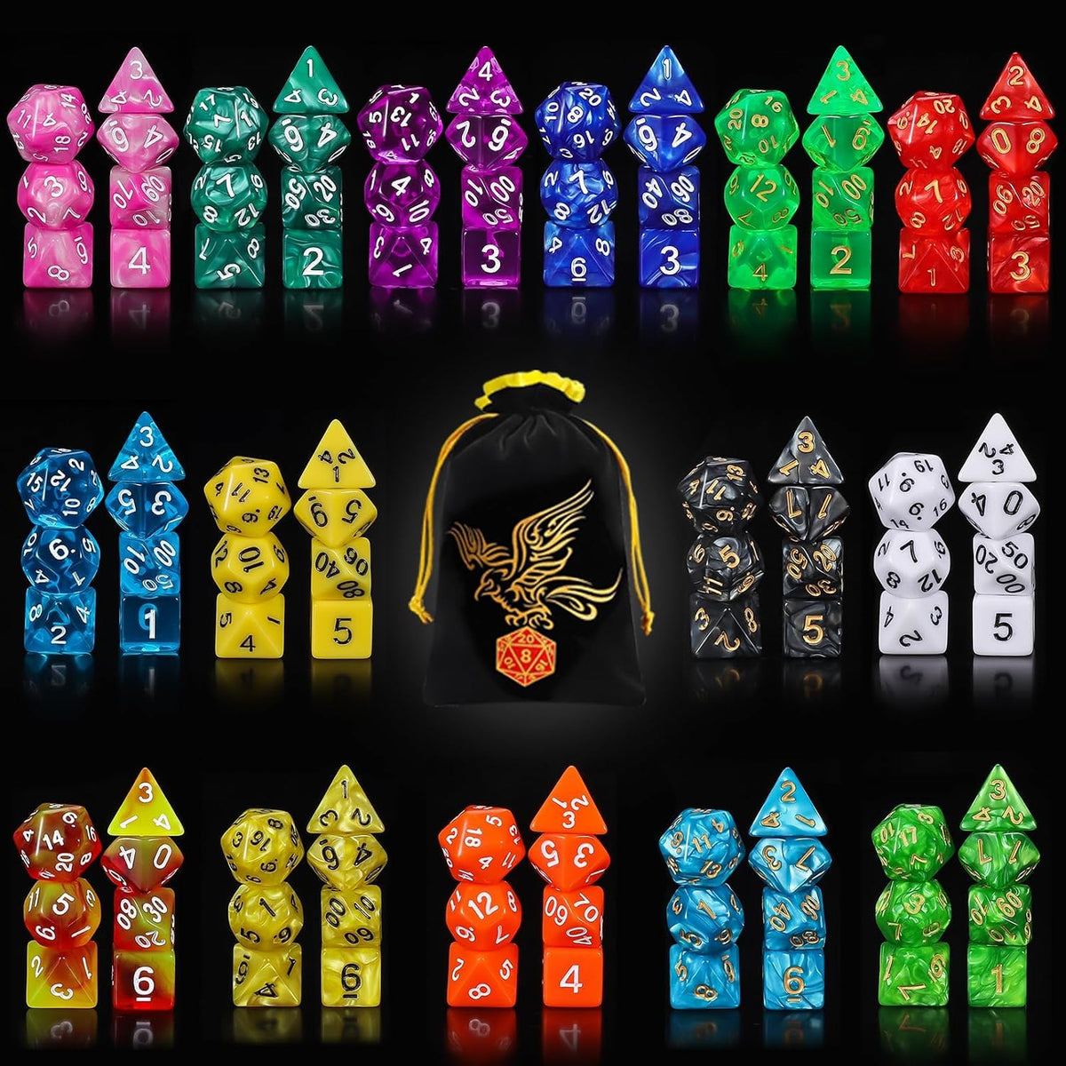 QMay 7 Sets Polyhedral Dice - 15 Colors (105pcs)