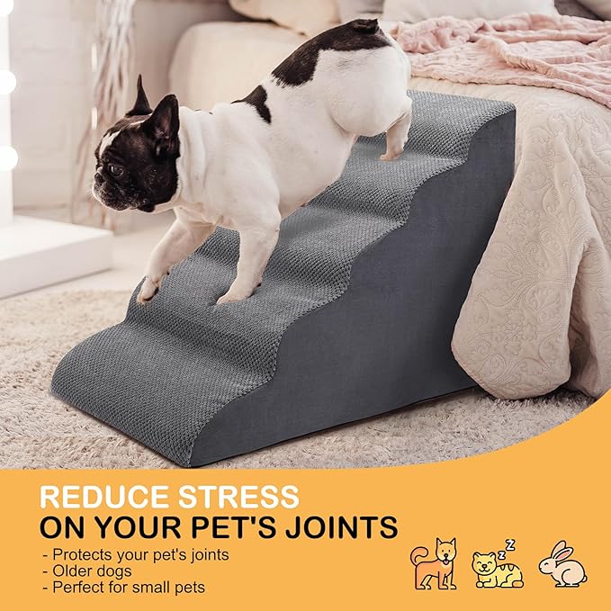 Dog Stairs for Bed, 5 Tier Dog Steps for Couch and High Bed, Non-Slip Pet Stairs, 24" High Sofa Foam Ramp - Best for Small Pets, Older Cats with Joint Pain