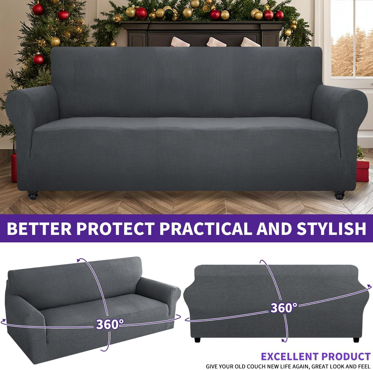 Super Stretch Couch Cover Universal Sofa Covers with Elastic Bottom - Dark Grey / Large (72"-92") - image 3