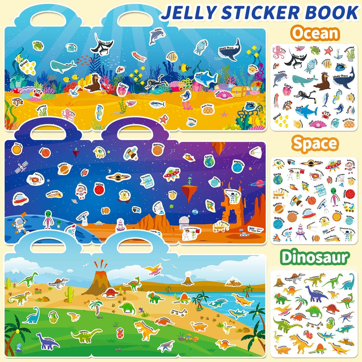 6 Sets Reusable Sticker Book for Toddlers 3-6 - Ocean+Space+Dinosaur - image 3
