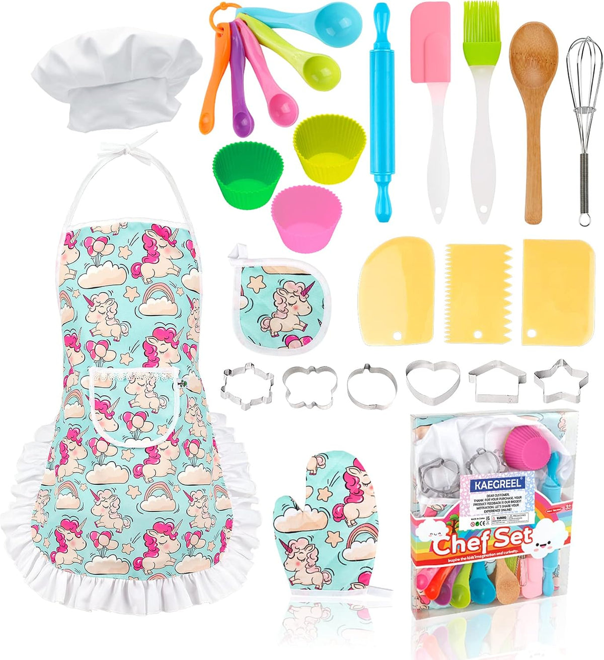 KAEGREEL Kids Baking Chef Set with Unicorn Apron and Mitt - Purple Unicorn Apron+6 Model Cookie Cutters